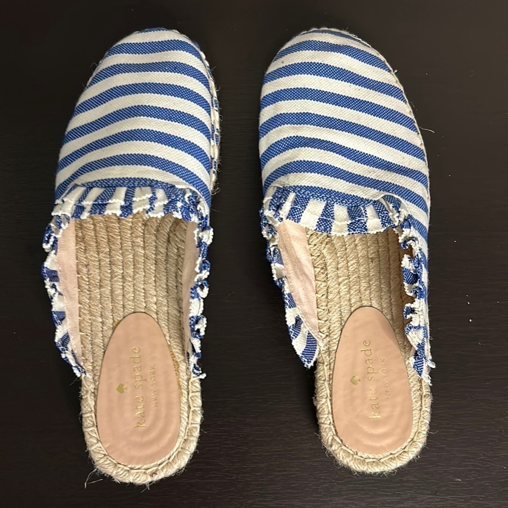 Kate Spade Laila Espadrille Blue White Striped Ruffle Mule Shoe Sz 9.5 - Picture 2 of 12